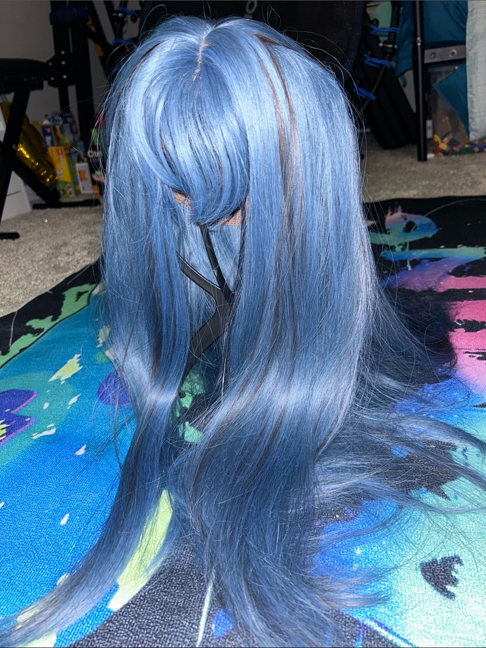 Blue Long Synthetic Wig with Fringe